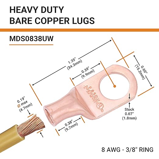 SELTERM 10pcs 8 AWG - 3/8" Stud - Battery Lugs, Heavy Duty Wire Lugs, Ring Terminals, Battery Cable Ends,8 Gauge Terminals, UL Bare Copper Eyelets Electrical Battery Terminal Connectors