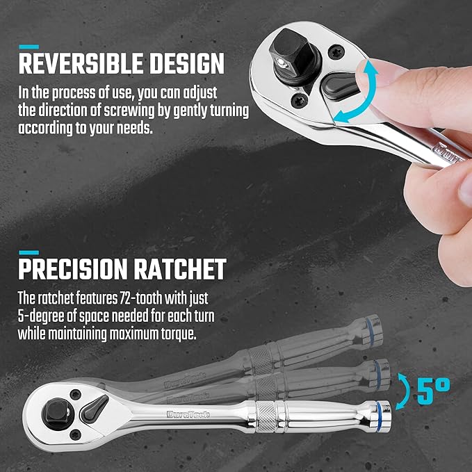 DURATECH Ratchet Set, 3-IN-1 Ratchet Handle, with 2 Extension Bars, 1/4", 3/8", 1/2" Drive Ratchet Wrench, 72-Tooth, Reversible Switch, Full-Polished Chrome Plating, Alloy Steel