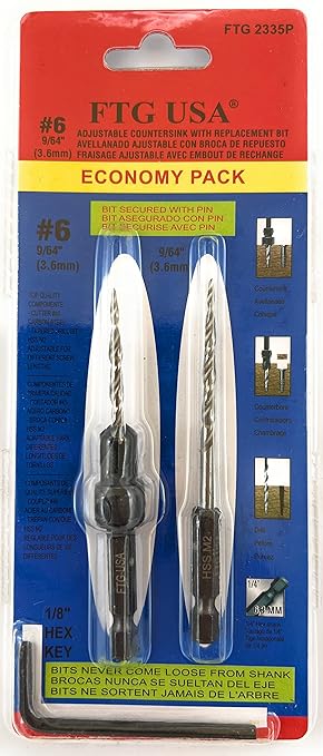 FTG USA Adjustable Wood Countersink Drill Bit #6 (9/64") with 1 Tapered Drill Bit for Woodworking