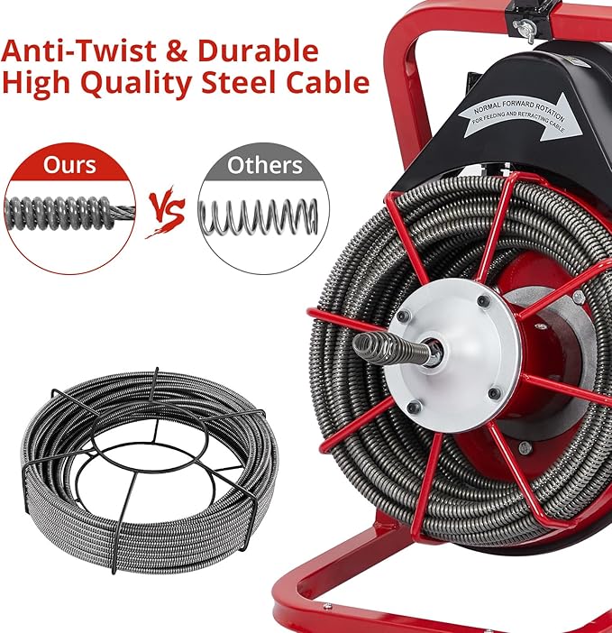 50Ft 3/8 Inch Electric Drain Cleaner Machine Auto Feed Drain Auger for 1 to 4 Inch Pipes Professional Sewer Snake with 4 Cutters Gloves Heavy Duty Clog Remover