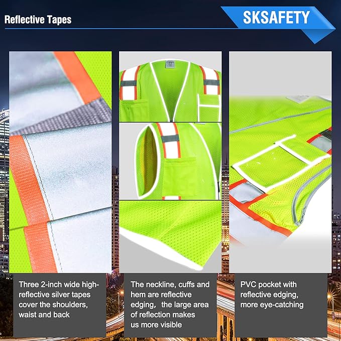 SKSAFETY 10 Pockets Safety Vest, Class 2 High Visibility Security with Zipper Double-sided mesh, Hi Vis Vest with Reflective Strips, ANSI/ISEA Standard, Construction Work Vest （Lime, 2XL）