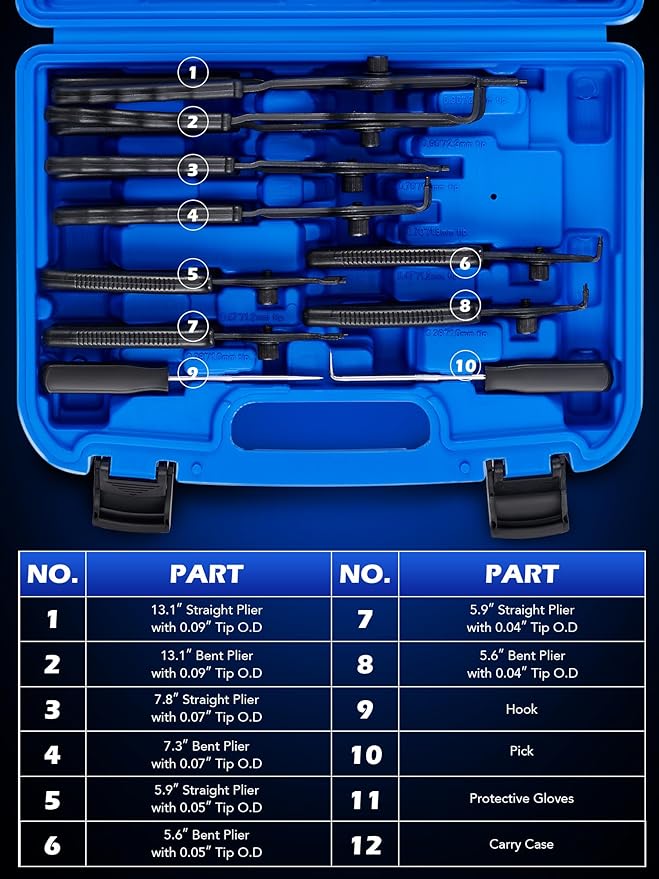 Orion Motor Tech 10pc Snap Ring Pliers Set, Internal & External Circlip Pliers With Bent & Straight Pliers, Hook Pick, Heavy Duty Removal Tool, Storage Case & Gloves