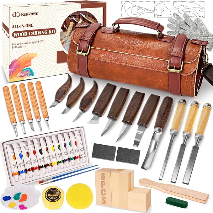 Wood Carving Kit, 50Pcs Wood Carving Tools with 4 Style Templates & 2 Finish Supplies, Wood Whittling Kit with 3 Style Knives & 6pcs Basswood Blocks for DIY and Carving Beginners