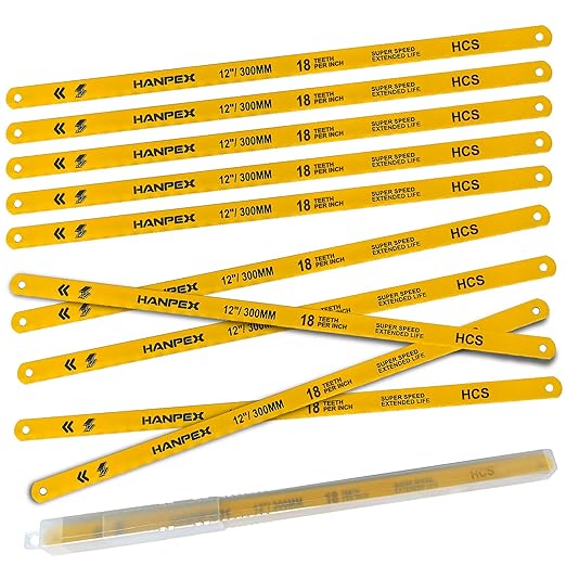 Hacksaw Replacement Blades (10 Pack) High Speed 18 TPI - 12" Length Hack Saw Blade - High Carbon Steel (HCS) Cutting Blades