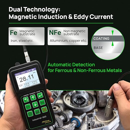 Coating Thickness Gauge Industrial-820 | High-Precision Magnetic & Eddy Current Tester | Measures Coatings on Magnetic & Non-Magnetic Metals | PC Data Transfer, Dual-Mode Probe, Alarm, Statistics