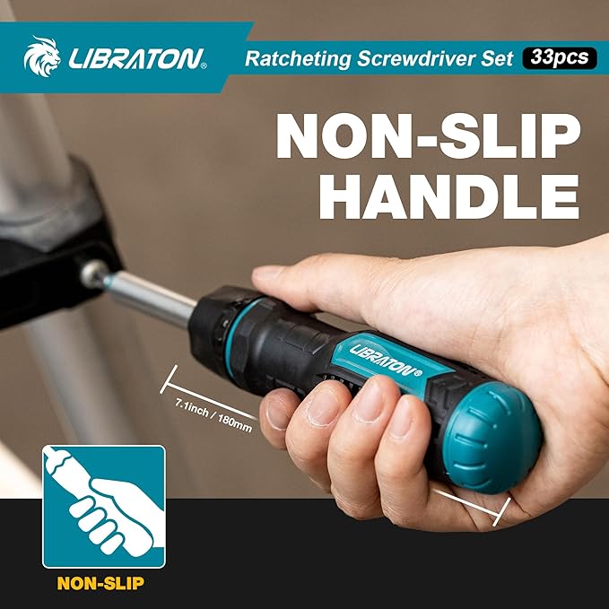 LIBRATON Ratcheting Screwdriver Set, Multi-bit Screwdriver Tool, 33-in-1 Magnetic Ratchet Screw Driver, Slotted/Philips/Pozi/Torx/Hex/Square Bits, Ergonomic Handle for Home, Auto & DIY