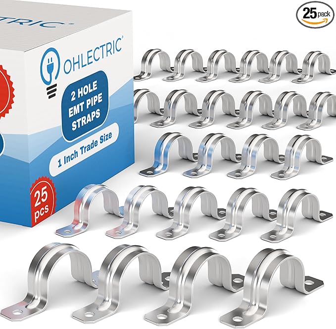 OHLECTRIC Heavy Duty Pipe Strap (25 Pack - 1 Inch) Zinc Plated Conduit Clamps, 2 Hole Steel EMT Pipe Strap U Bracket, Zinc Coated Tension Tube Clip, Metal Pipe Clamp for EMT Conduits