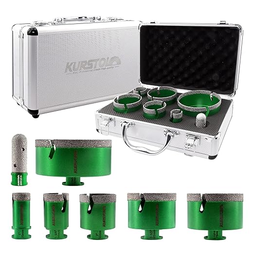 Tile Hole Saw Kit - 6pcs Diamond Core Drill Bits 25/35/50/65/75/102mm+1pc 3/4" Diamond Finger Milling Bit 5/8-11" Thread for Porcelain Ceramic Tile Granite Marble Angle Grinder