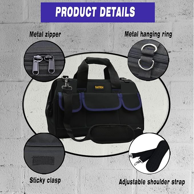 18 Inch Tool Bag, Waterproof Wide Mouth Tool Kit, Heavy Duty Tool Bag Organizer With Shoulder Straps, Tool Storage Package For Men/Women (18IN DarkBlue)
