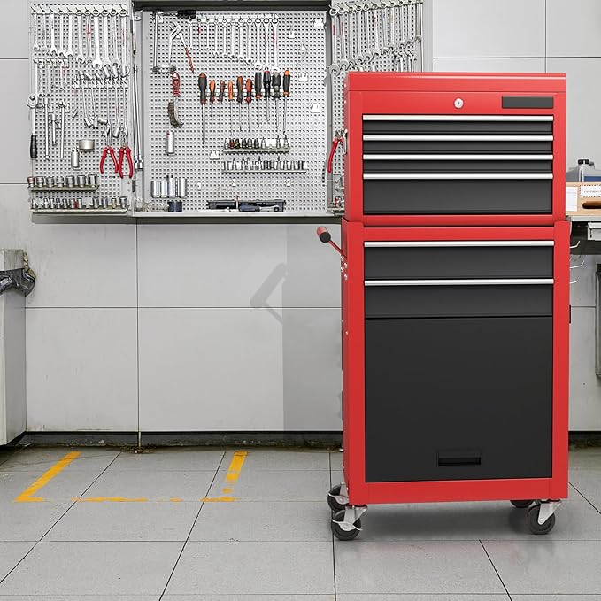 S AFSTAR 6-Drawer Rolling Tool Chest, High Capacity Tool Storage Cabinet with 4 Hooks, Locking System and Universal Wheels, 2-in-1 Detachable Large Toolbox for Garage Workshop (Black & Red)