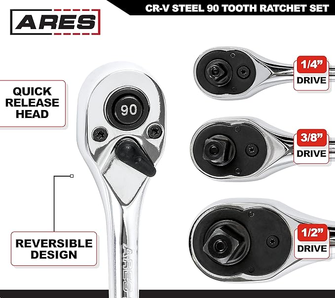 ARES 42048-3-Piece 90 Tooth Ratchet Set - Premium Chrome Vanadium Steel Construction & Mirror Polish Finish - Quick Release for Easy Socket Change - 90-Tooth Reversible Design with 4 Degree Swing
