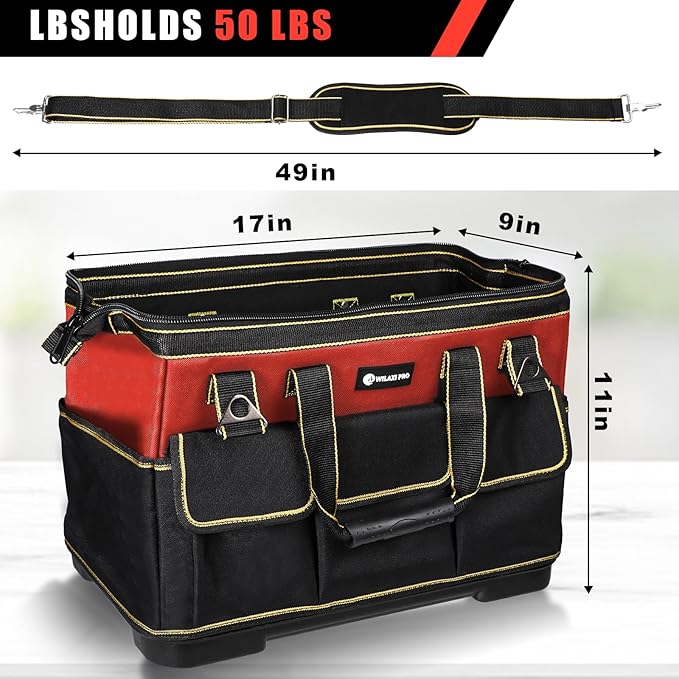 17 in Tool Bag For Men with Waterproof Molded Base, High Capacity Wide Mouth Tote, Construction Worker Electricians Tool Bags, Large Tool Bag Organizer for Men Women (Red)