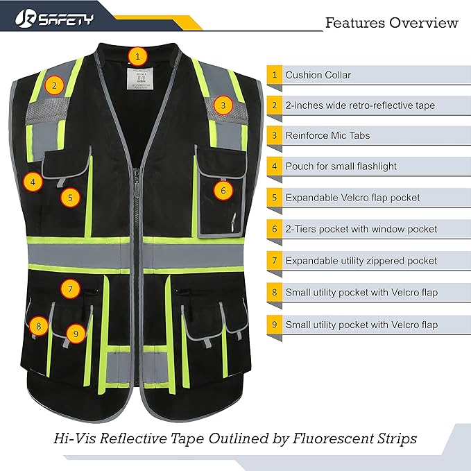 JKSafety 10 Pockets Hi-Vis Zipper Front Black Safety Vest | Cushioned Collar | High Reflective Tapes with Extended Neon Yellow Strips | Meets ANSI/ISEA Standards (XX-Large, 89-Black)