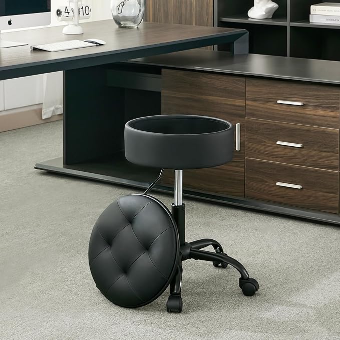 Drafting Chair with Storage, Adjustable Leather Drafting Stool 20.67"-24.61", Black Rolling Office Stool