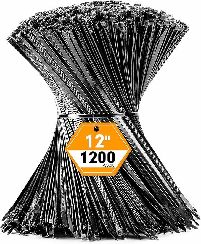 1200pcs Black Cable Zip Ties 12 Inch, Heavy Duty Plastic Nylon Tie Wraps with 50lb Tensile Strength for Indoor & Outdoor