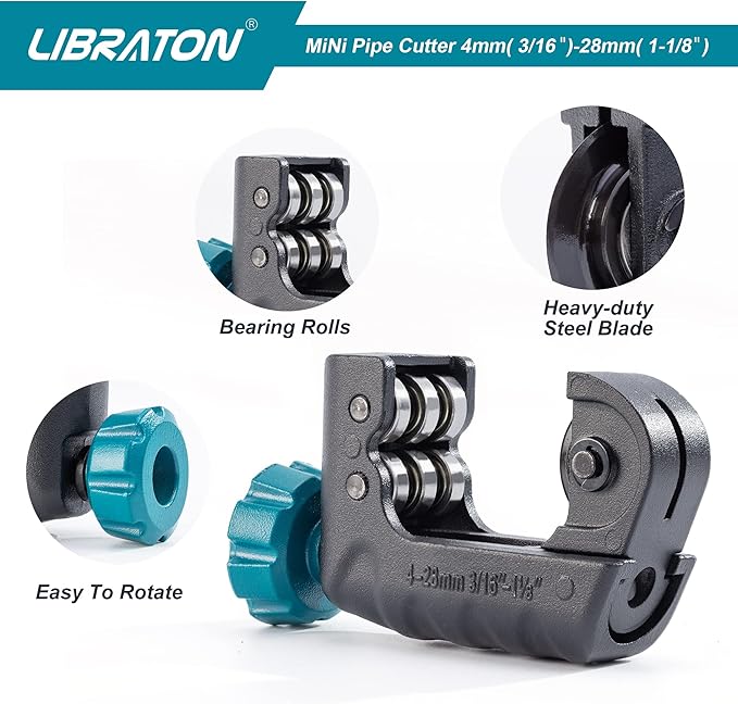 Libraton Tubing Cutter 3/16" to 1-1/8", Mini Tube Cutter, Copper Cutter, Heavy Duty Mini Pipe Cutter, Copper Tube Cutter with Deburring Tool for Copper Pipe, Aluminum Pipe, Thin Stainless Steel Pipe