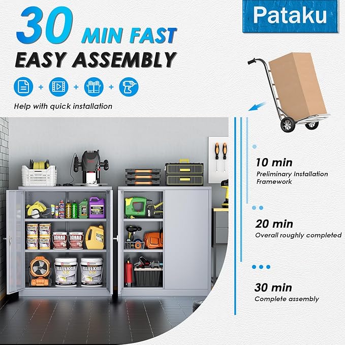 Pataku Metal Storage Cabinet, Garage Cabinet with Doors and Shelves 36" Hx32 Wx16 D, Steel Lockable File Cabinets for Office, Home, Garage, Basement, Industrial, Dark Grey