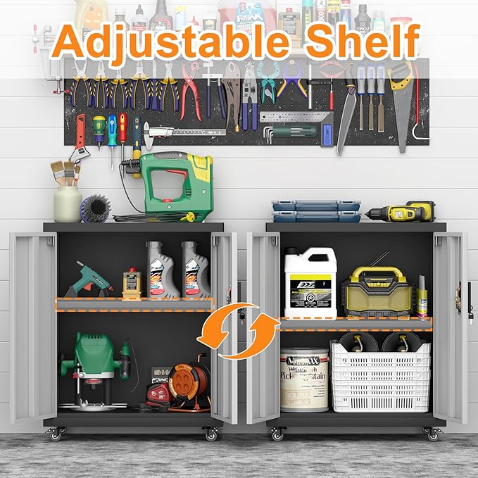 31.5''H Metal Garage Storage Cabinet with Wheels, Small Tool Storage Cabinets with Lock, Lockable Steel Rolling Tool Chest with Doors & Adjustable Shelves for Garage, Home, Office