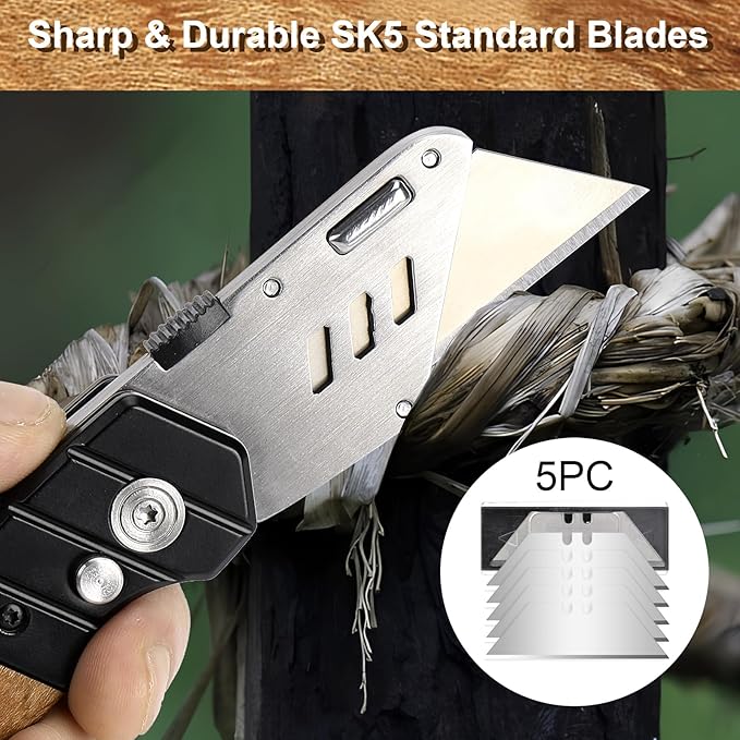 Vickay Utility Knife with Belt Clip, Heavy Duty Box Cutter Knife for Cartons, Cardboard, Carpet and Leather, Razor Knife with Wood Handle and Extra 5 SK5 Blades