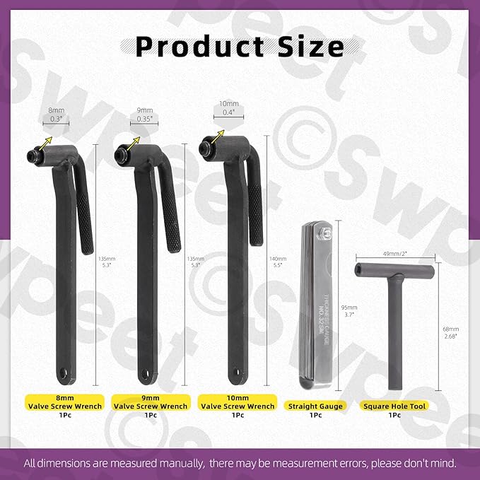 Swpeet 5Pcs 8mm 9mm 10mm Motorcycle Engine Valve Screw Adjustment Tool, 32 Blades 0.04mm-0.88mm/0.0015"-0.035" Straight Feeler Gauge and Square Hole Tool (Square Hole: 4mm & 3mm & 3.5mm) Set
