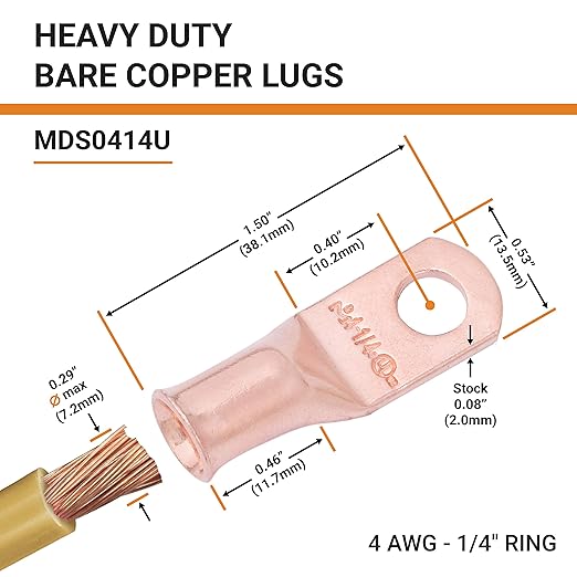 SELTERM 10pcs 4 AWG - 1/4" Stud - Battery Lugs, Heavy Duty Wire Lugs, Ring Terminals, Battery Cable Ends,4 Guage Terminals, UL Bare Copper Eyelets Electrical Battery Terminal Connectors