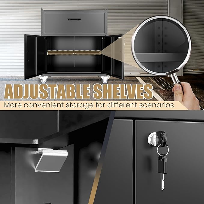 Metal Storage Cabinet, Locking Storage Cabinet with Drawer and Adjustable Shelf, Rolling Tool Cabinets for Garage, Office, Black, Assembly Required (18.4" D x 30.3" W x 35.39" H)