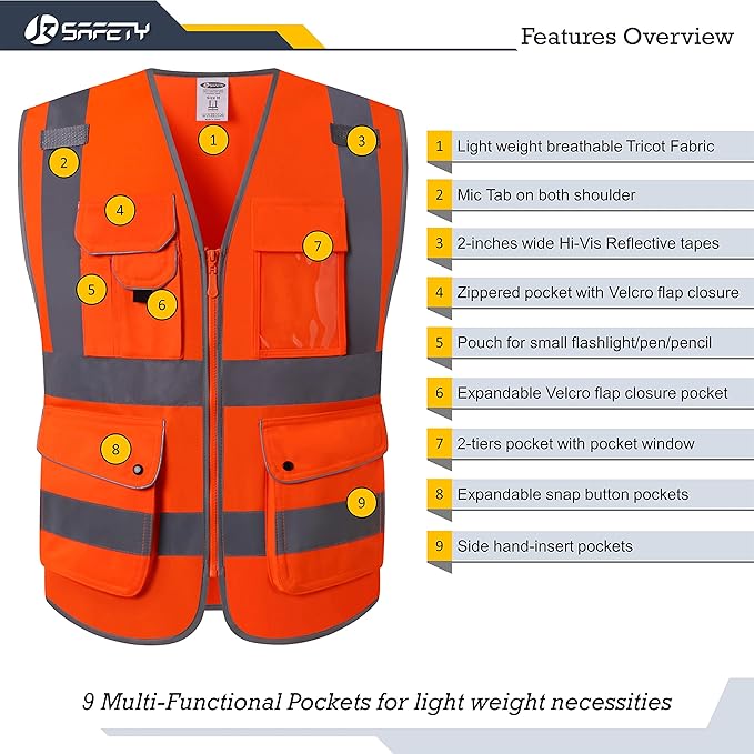 JKSafety 9 Pockets Class 2 High Visibility Zipper Front Safety Vest With Reflective Strips, Meets ANSI/ISEA Standards (150-Orange, XXL)