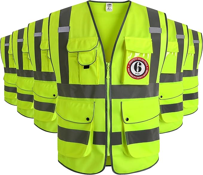 JKSafety 9 Pockets Class 2 High Visibility Zipper Front 6 Pack Safety Vest With Reflective Strips,Meets ANSI/ISEA Standard （155 Yellow L