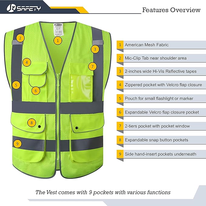JKSafety 9 Pockets High Visibility Safety Vest for Men and Women, Hi-Vis Reflective Yellow Safety Vests with Zipper Front, Meet ANSI/ISEA Class 2 Type R(159-Yellow XL)