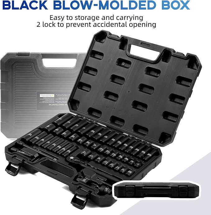 50-Piece 3/8" Drive Socket Set, SAE (5/16"-3/4") & Metric (8mm-22mm), Deep & Shallow, 72-Tooth Ratchet Wrench, Extension Bars, 1/2" F to 3/8" M Reducer, Universal Joint & Power Drill Adapter