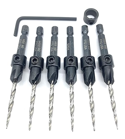 FTG USA 6 Pc #6 (9/64") Countersink Drill Bit Set with Depth Stop Collar, Hex Wrench - Tapered Drill Bits for Wood