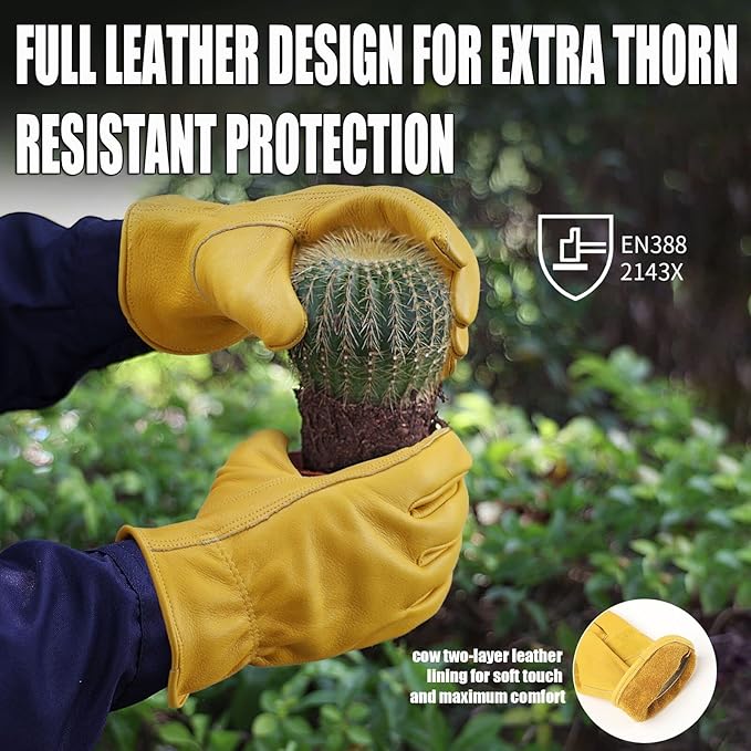 OZERO Flex Grip Leather Work Gloves Stretchable Wrist Tough Cowhide Working Glove 1 Pair (Gold, Large)