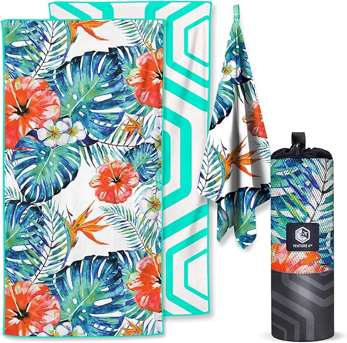 VENTURE 4TH Microfiber Beach Towel: Quick-Dry, Compact, Sand-Free, Absorbent, Sandproof and Lightweight - Perfect for Camping, Beach, and Roadtrips (Tropical Heat Design | 35x78 inches)