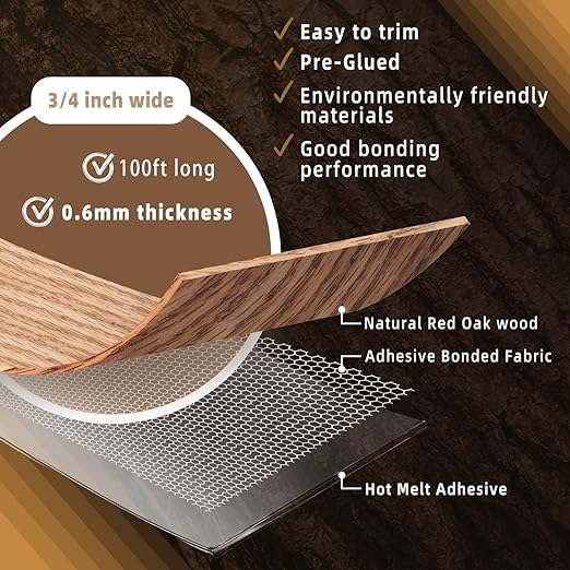 GSCIT Club Red Oak Edge Banding, 3/4 inch x 100ft roll of Veneer Edge Banding - Pre-glued Flexible, Real Wood Tape for Cabinet Repair & Furniture Restoration