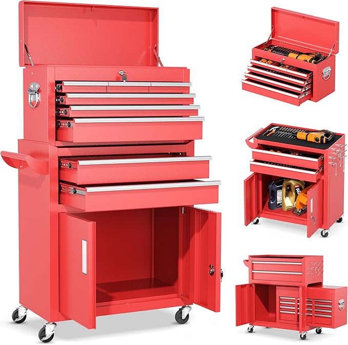 INTERGREAT Tool Chest Cabinet,8-Drawer Rolling Tool Chest with Detachable Top Tool Box, Tool Chests with Universal Lockable Wheels, Metal Tool Cart for Garage, Workshop, Barbershop(Red)