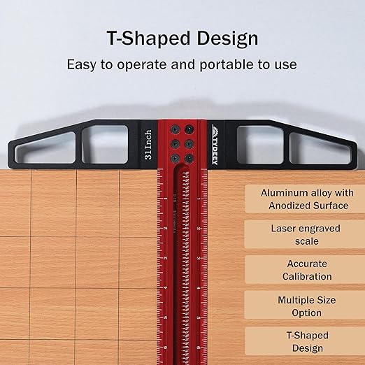 TYDEEY 12, 24, 31, 39 in Precision Ruler Square T-Shaped Woodworking Scriber Measuring Tool, Aluminum Alloy Architect Ruler for Carpenter Work, T Type Wood Layout and Measuring Tools (31 inch)