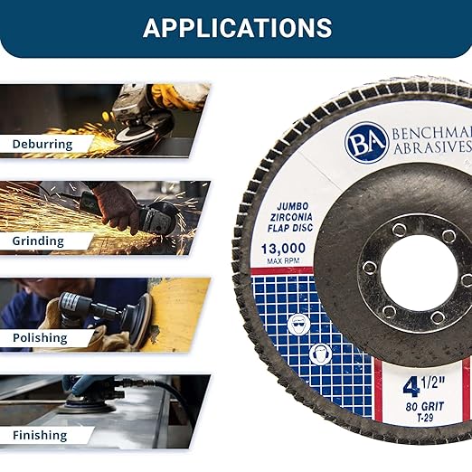 Benchmark Abrasives 4.5" x 7/8" Premium High Density Jumbo Zirconia Type 29 Flap Discs 4 1/2 for Angle Grinder, Sanding Discs, Finishing - Grinding Wheels 4 1/2 Inch (10 Pack) - 80 Grit