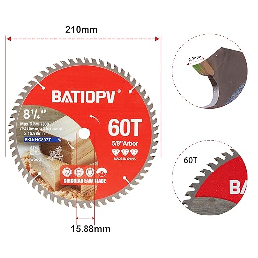 8-1/4 Inch Circular Saw Blade, 60-Tooth Carbide-Tipped Ultra-Fine Finish Professional Woodworking Blade for Smooth Cuts Compatible with Miter & Table Saws