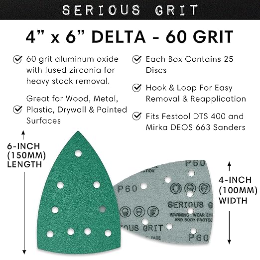 60 Grit 4" x 6" Delta (100mm x 150mm) Triangle Sanding Sheets - Fits Festool DTS 400 & Mirka DEOS Delta Sanders - Heavy-Duty Hook & Loop Film Sandpaper for Detail Sanders - 25 Pack Box