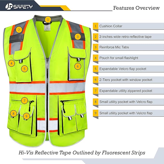 JKSafety 10 Pockets Class 2 Hi-Vis Zipper Front Yellow Safety Vest | Cushioned Collar | High Reflective Tapes with Extended Neon Orange Strips | Meets ANSI/ISEA Standards (Medium, 89-Yellow)