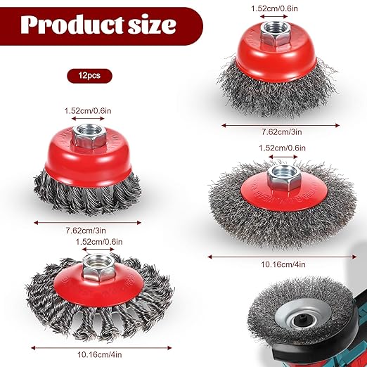 12 Pack Wire Wheel for Angle Grinder Coarse Crimped and Knotted Wire Wheel Brush Cup Set 4 1/2 Angle Grinder Attachments with 5/8-11 UNC Threaded Arbor for Rust Paint Removal