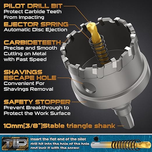 DAIMIT Hole Saw for Metal - Tungsten Carbide Tipped 1-31/32" Inch(50mm) Hole Cutter with Pilot Drill Bits for Stainless Steel, Iron, Copper, Brass - Heave Duty Hole Saw for High Precision Cutting