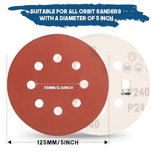 5 Inch 8 Hole Sanding Discs, 150 PCS 240 Grit Hook and Loop Sandpaper, Round Aluminum Oxide Sand Paper Discs for Random Orbital Sander