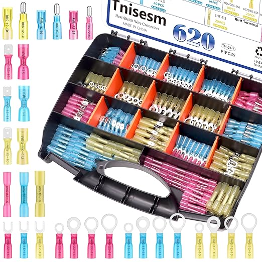 Tnisesm 620Pcs Marine Grade Heat Shrink Wire Connectors kit 22-10 AWG Electrical Connectors Ring, Ring Fork Spade Butt Splice Terminals