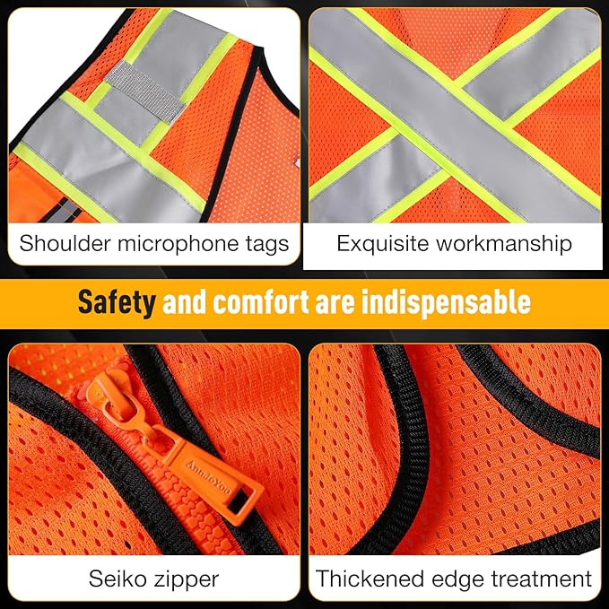 Class 2 Safety Vest with Zipper Front and multiple Pockets, High Visibility Vest, Meets ANSI/ISEA Standards