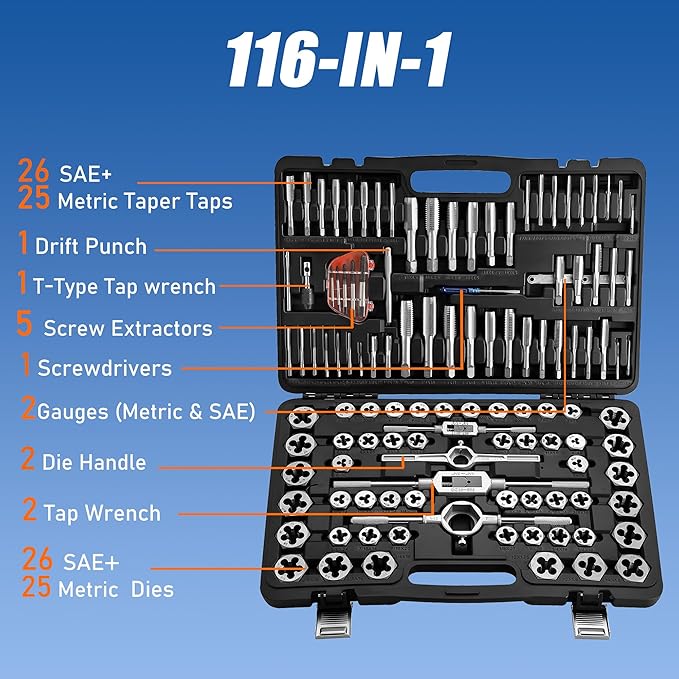 116pcs Tap and Die Set in SAE & Metric Sizes, Standard Tap Set and Die Tool Set for Threading and Rethreading Internal and External Threads, M3-M18 Thread Repair Kit