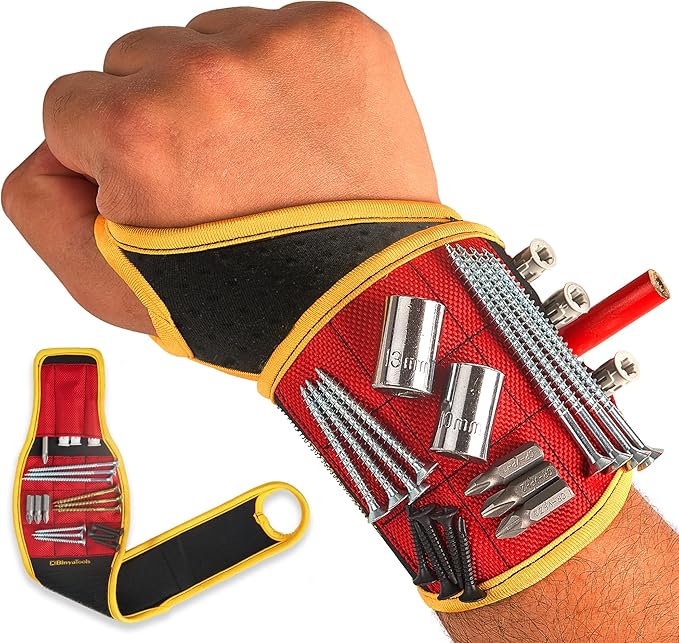 BINYATOOLS Magnetic Wristband RED Super Strong Magnets Holds Screws, Nails, Drill Bit. Unique Wrist Support Design Cool Gadget Gifts for Fathers, Boyfriends, Stocking Stuffers for Men