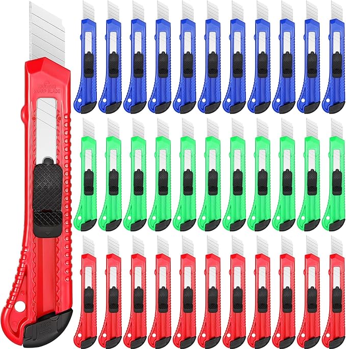 Chumia 60 Pack Box Cutter Bulk Utility Knife 18 mm Wide Blade Plastic Disposable Box Cutter Retractable Paper Knife Compact Extended Use for Office Art Studio School Home Warehouse Crafts 3 Colors