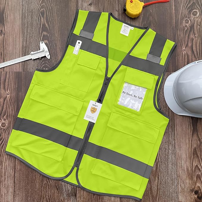 TCCFCCT High Visibility Vest 5 Pockets Reflective Safety Vest with Zipper, Hi Vis Work Vest with Horizontal Strip for Walkie-talkie & ID Card, Durable to Use, Meets ANSI/ISEA Standards, T5-Yellow, M