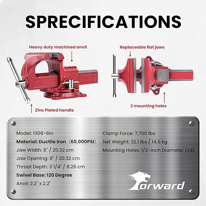 Forward 1308 8 Inch Home Vise Ductile Iron 8" Bench Vise Homeowner's Vice with Anvil and Swivel Base